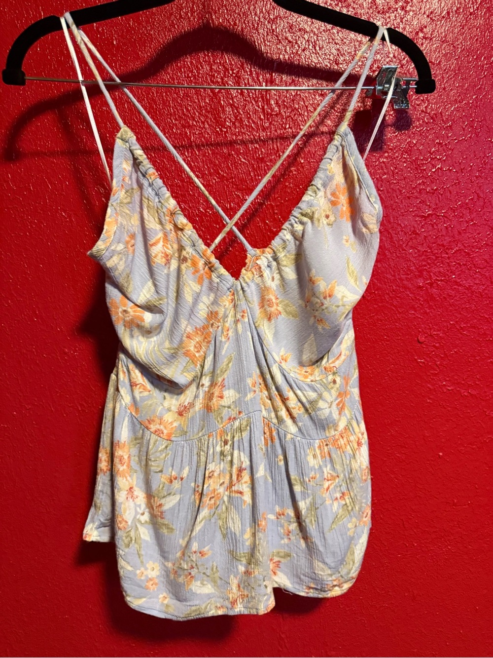 216. Preloved mahina Light Blue Floral Spaghetti-Strap Cami with Peach Accents